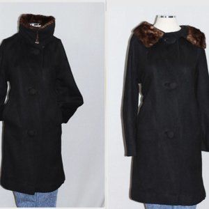 Fur Collar Black Wool Trench Coat